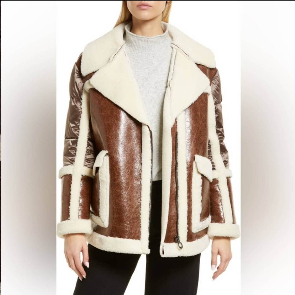 NOIZE RAELYNN Dark Brown Short Vegan Leather Faux Fur Jacket